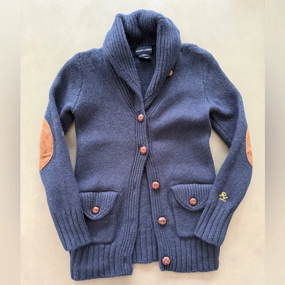 Ralph Lauren Rugby Navy Blue Wool Cardigan with Suede and Leather details Sz 7